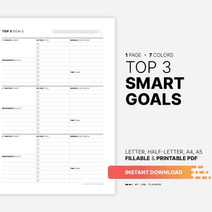 Los 3 objetivos SMART principales con plan de acción, lista de objetivos y configuración: hoja de trabajo imprimible, diario, tablero, plantilla PDF rellenable de 8,5 x 11, 5,5 x 8,5, A4, A5