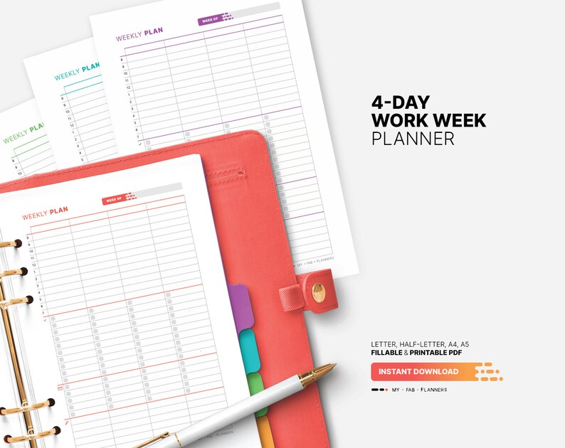 4-Day Work Week Planner, Printable Productivity Action Plan Tracker, Fillable Task Checklist Schedule, Digital Work from Home Letter, Half-letter, A4, A5 PDF Template