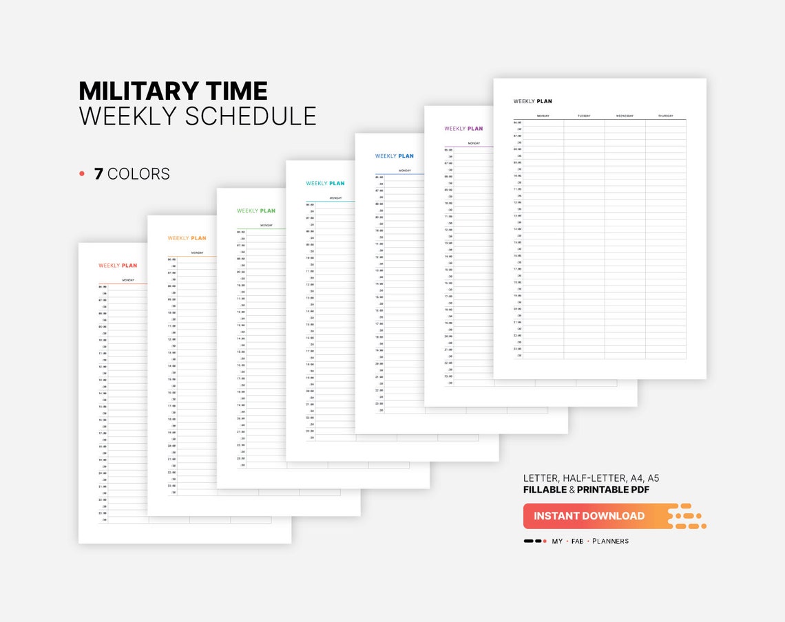 Military Time Weekly Schedule, Printable Productivity Planner Inserts ...