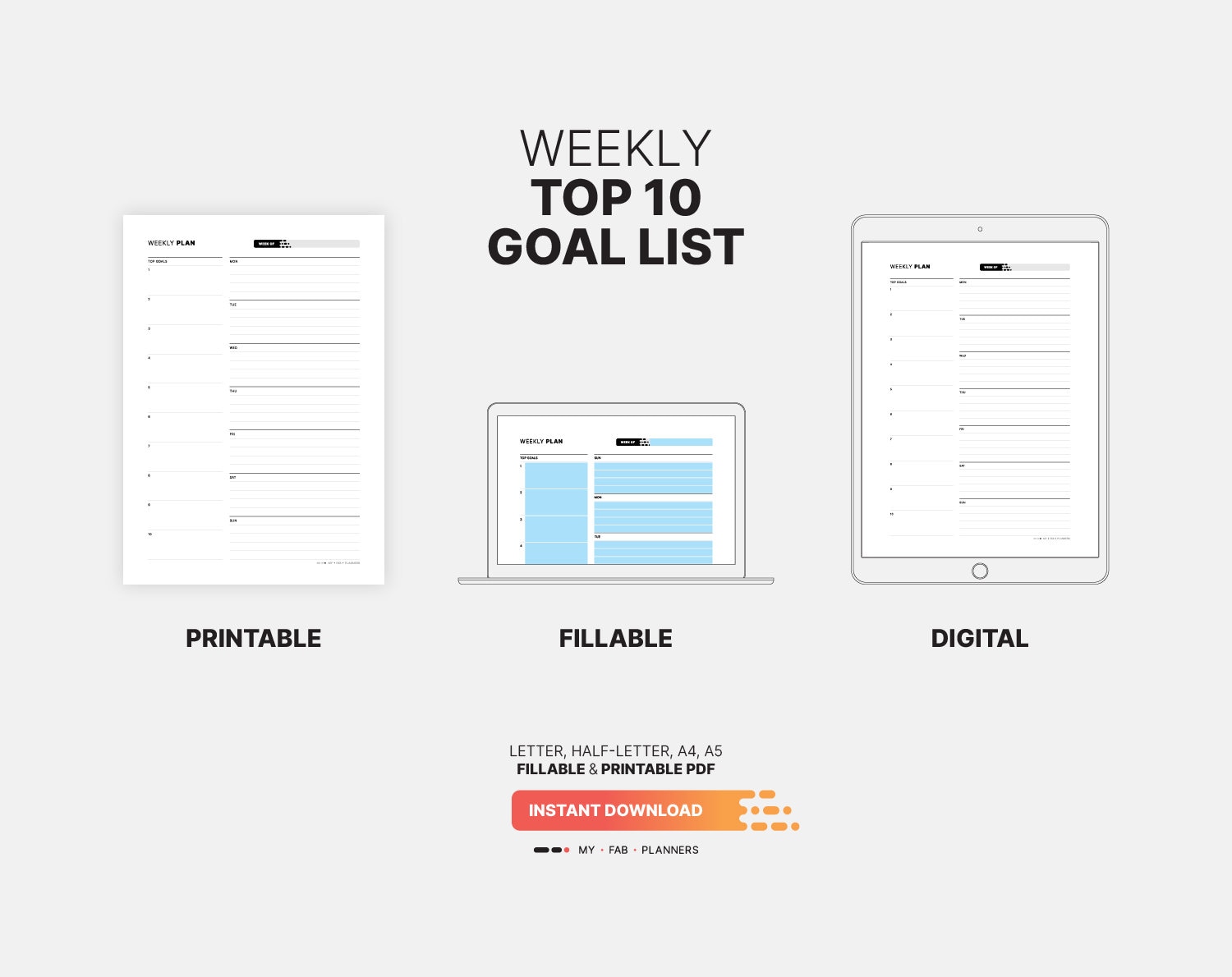 Weekly Top 10 Goal List Planner, Printable PDF Template - Etsy