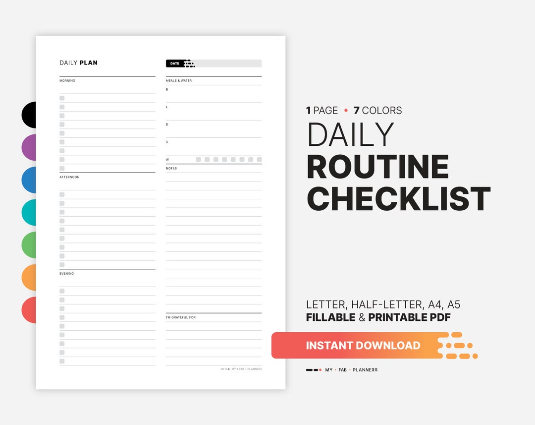 Daily Routine Checklist, Fillable Printable Planner (PDF) - Etsy