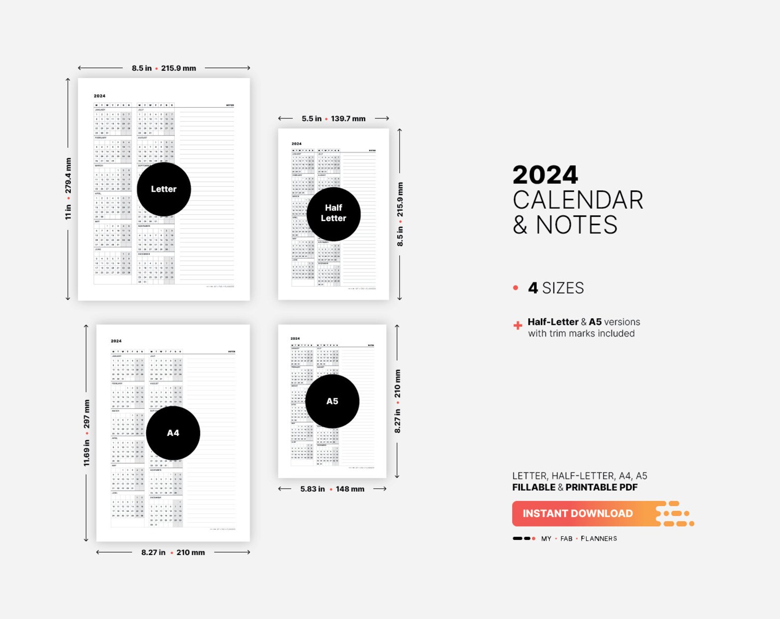 2024 Calendar & Notes Template, Printable New Year Ataglance Wall