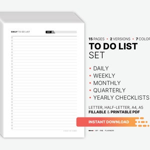 Plantilla de lista de tareas pendientes, imprimible, diaria, semanal, mensual, trimestral y anual, lista de verificación rellenable, plan PDF simple