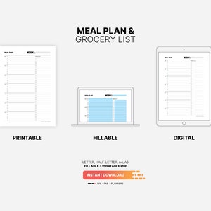 Printable, Fillable, Digital Download for Weekly Meal Plan & Grocery List Planner, Fillable Meal Idea Tracker, Grocery Checklist, Printable Letter, Half-letter, A4, A5 PDF Template