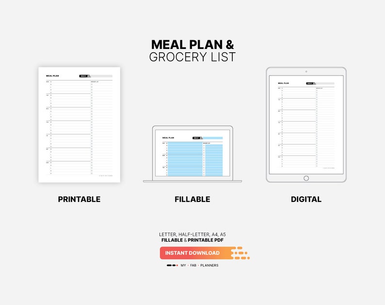 Printable, Fillable, Digital Download for Weekly Meal Plan & Grocery List Planner, Fillable Meal Idea Tracker, Grocery Checklist, Printable Letter, Half-letter, A4, A5 PDF Template