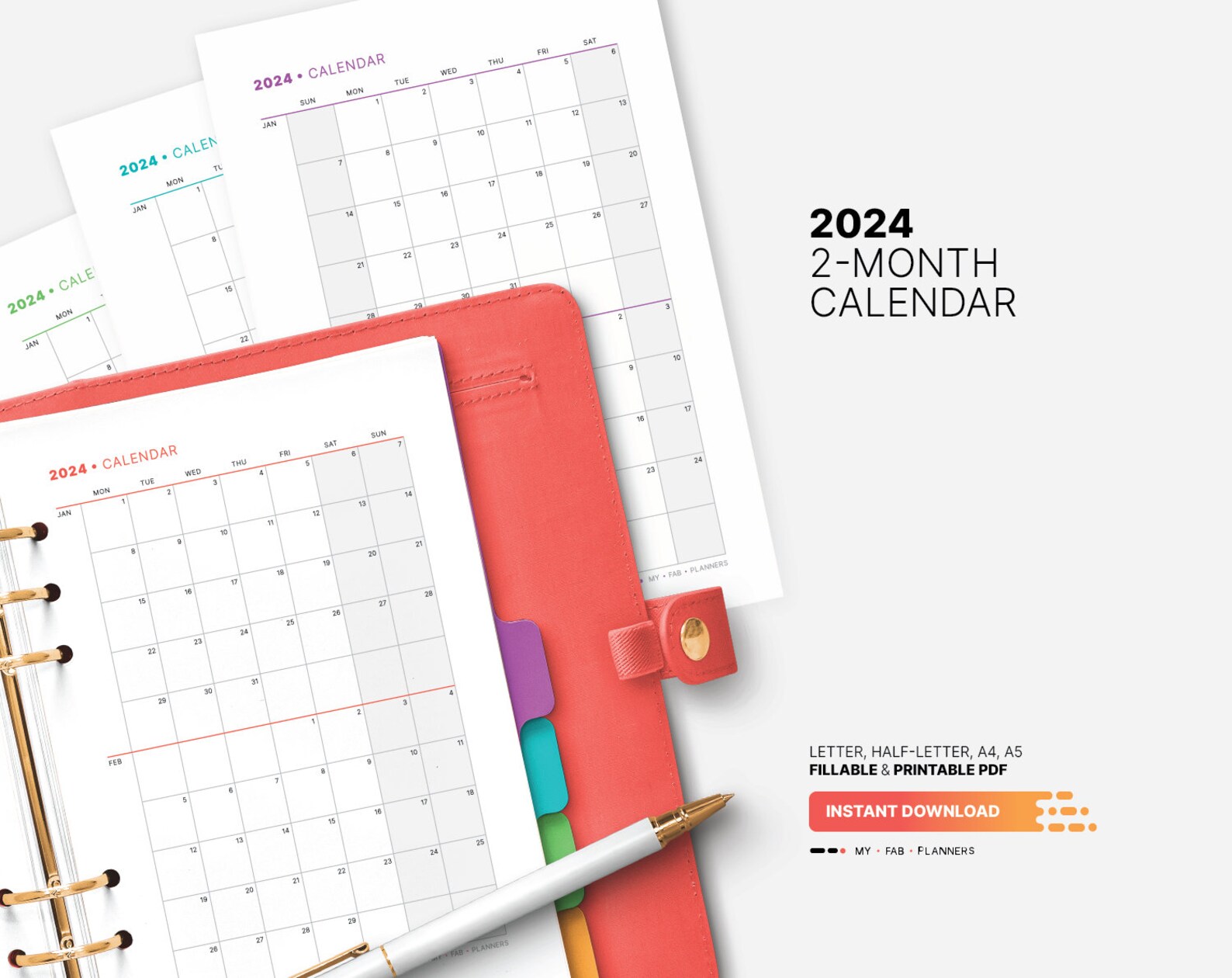 2024 2month Calendar Printable Minimalist Family Etsy