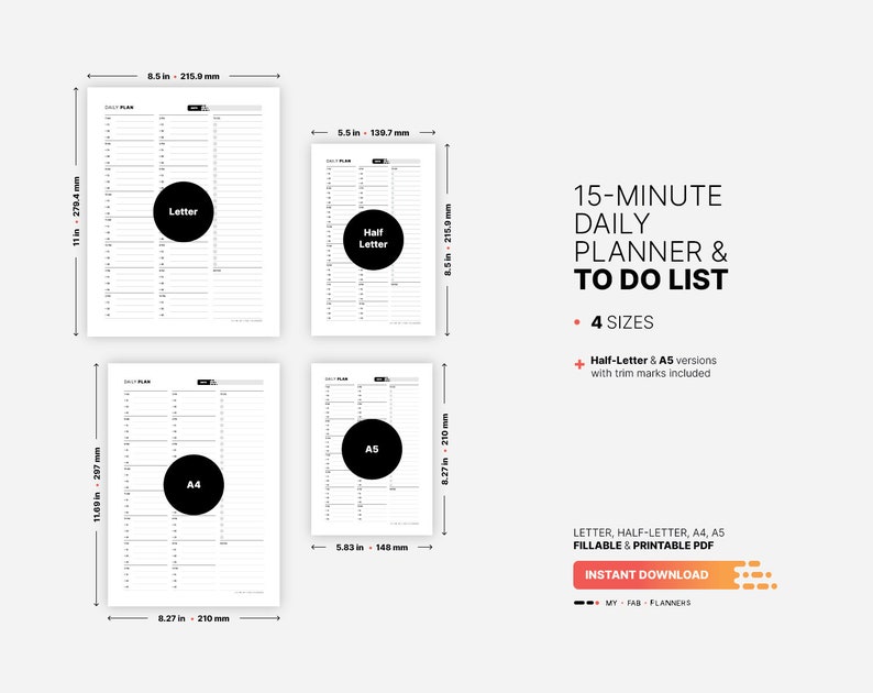 4 Paper Sizes: US Letter (8.5 x 11 in), US Half-Letter (5.5 x 8.5 in), A4 (210 x 297 mm), A5 (148 x 210 mm) for 15 Minute Daily Planner with To Do List Template, Fillable Time Slots Appointment Schedule, Undated Hourly Printable PDF