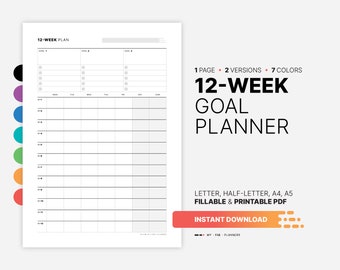 12-Week Goal Planner, Fillable Work & Productivity Tracker Calendar, Organization Dashboard, Printable Half-, Letter, A4, A5 PDF Template