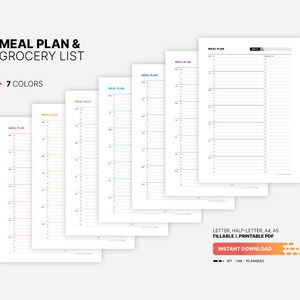7 Color Variations Included: red, orange, green, teal, blue, purple, black for Weekly Meal Plan & Grocery List Planner, Fillable Meal Idea Tracker, Grocery Checklist, Printable Letter, Half-letter, A4, A5 PDF Template
