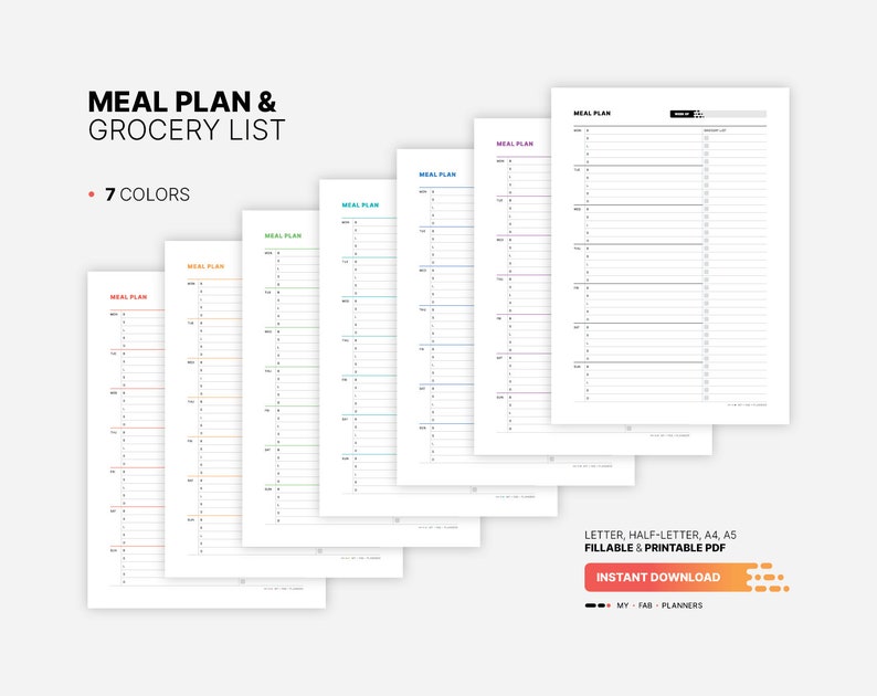 7 Color Variations Included: red, orange, green, teal, blue, purple, black for Weekly Meal Plan & Grocery List Planner, Fillable Meal Idea Tracker, Grocery Checklist, Printable Letter, Half-letter, A4, A5 PDF Template