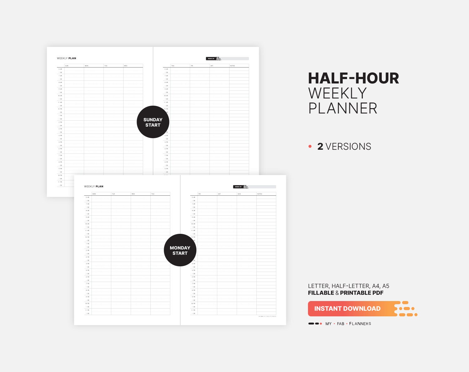 Half Hour Weekly Planner, Printable Fillable PDF Template - Etsy