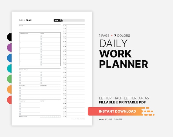 Daily Work Planner, Printable Fillable PDF Template