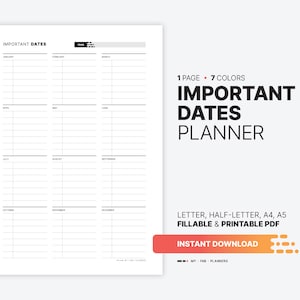 Yearly Important Dates Planner, Fillable Birthday & Life Events List Reminder, Days to Remember Calendar at a Glance, Printable PDF Overview