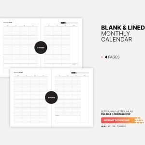 Blank Lined Monthly Calendar, Fillable Month At-a-glance Blocks ...