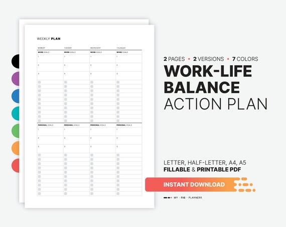 Weekly Work-Life Balance Planner, Fillable PDF Template