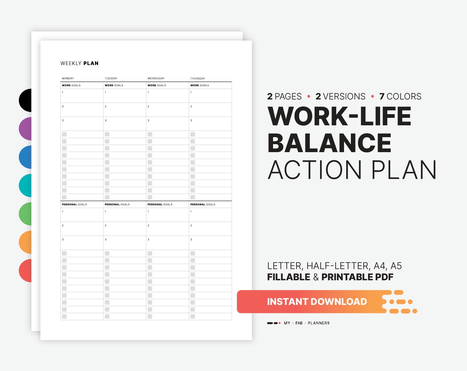 Weekly Work-life Balance & Action Plan, Goal Setting Log, Fillable To ...