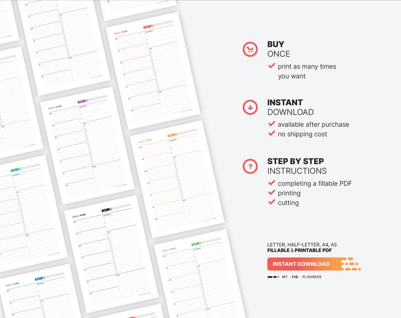 ✔ Buy once and print as many times you want.
✔ Instant download available after purchase and no shipping costs.
✔ Step by step instructions for completing a fillable PDF, printing and cutting My Fab Planners inserts.