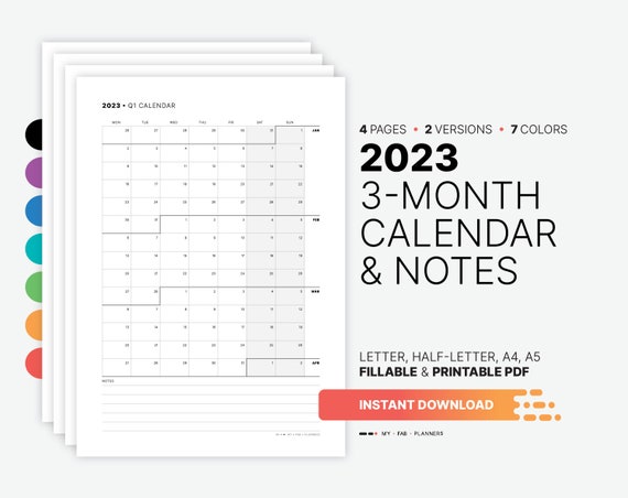2023 3-month Calendar Notes Printable At-a-glance Quarterly - Etsy