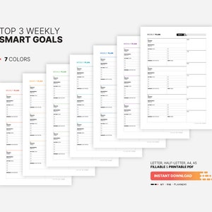 7 Color Variations Included: red, orange, green, teal, blue, purple, black for Top 3 Weekly SMART Goals with Action Plan, Goal List & Setting Printable Worksheet, Journal, Board, Fillable Letter, A4, A5 PDF Template