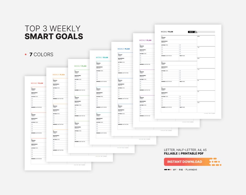 7 Color Variations Included: red, orange, green, teal, blue, purple, black for Top 3 Weekly SMART Goals with Action Plan, Goal List & Setting Printable Worksheet, Journal, Board, Fillable Letter, A4, A5 PDF Template