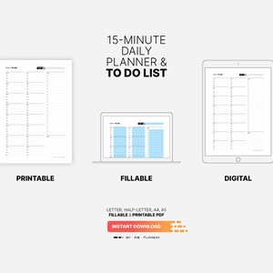Printable, Fillable, Digital Download for 15 Minute Daily Planner with To Do List Template, Fillable Time Slots Appointment Schedule, Undated Hourly Printable Letter, HL, A4, A5 PDF