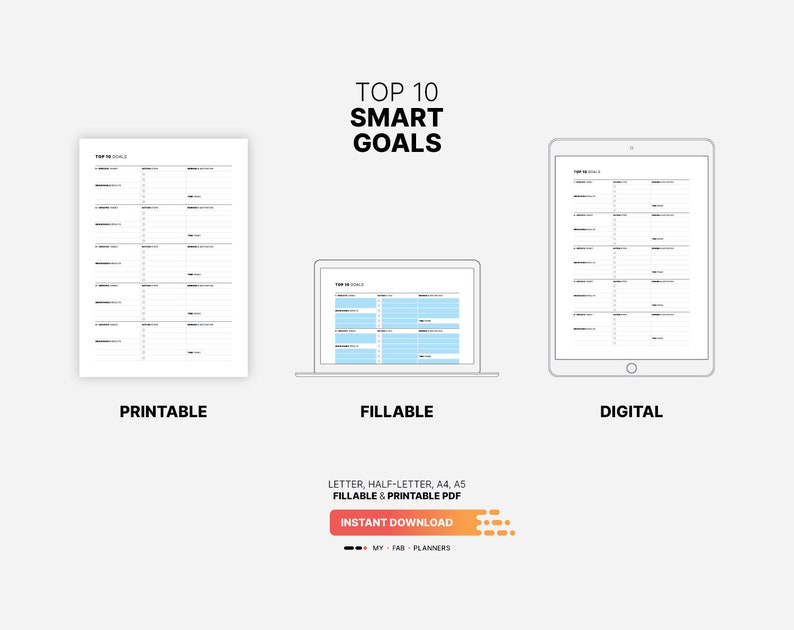 Top 10 SMART Goals With Action Plan, Goal List & Setting Printable Worksheet, Journal, Board