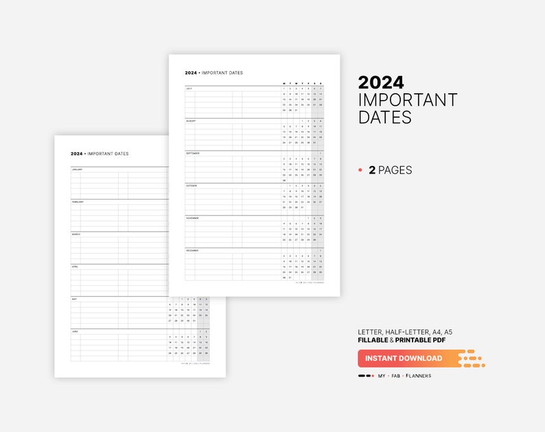 2024 Important Dates Calendar Printable Birthday & Yearly Etsy