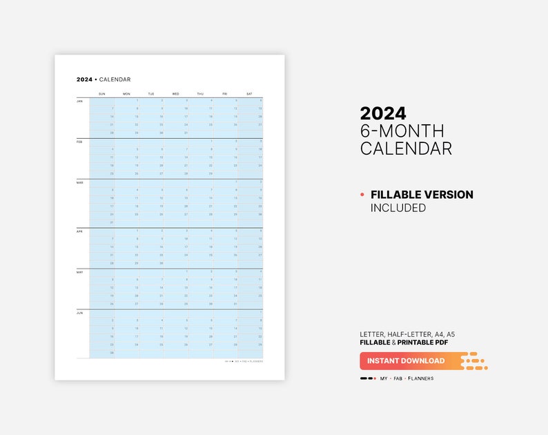 2024 6month Calendar, Printable Family Important Dates Template