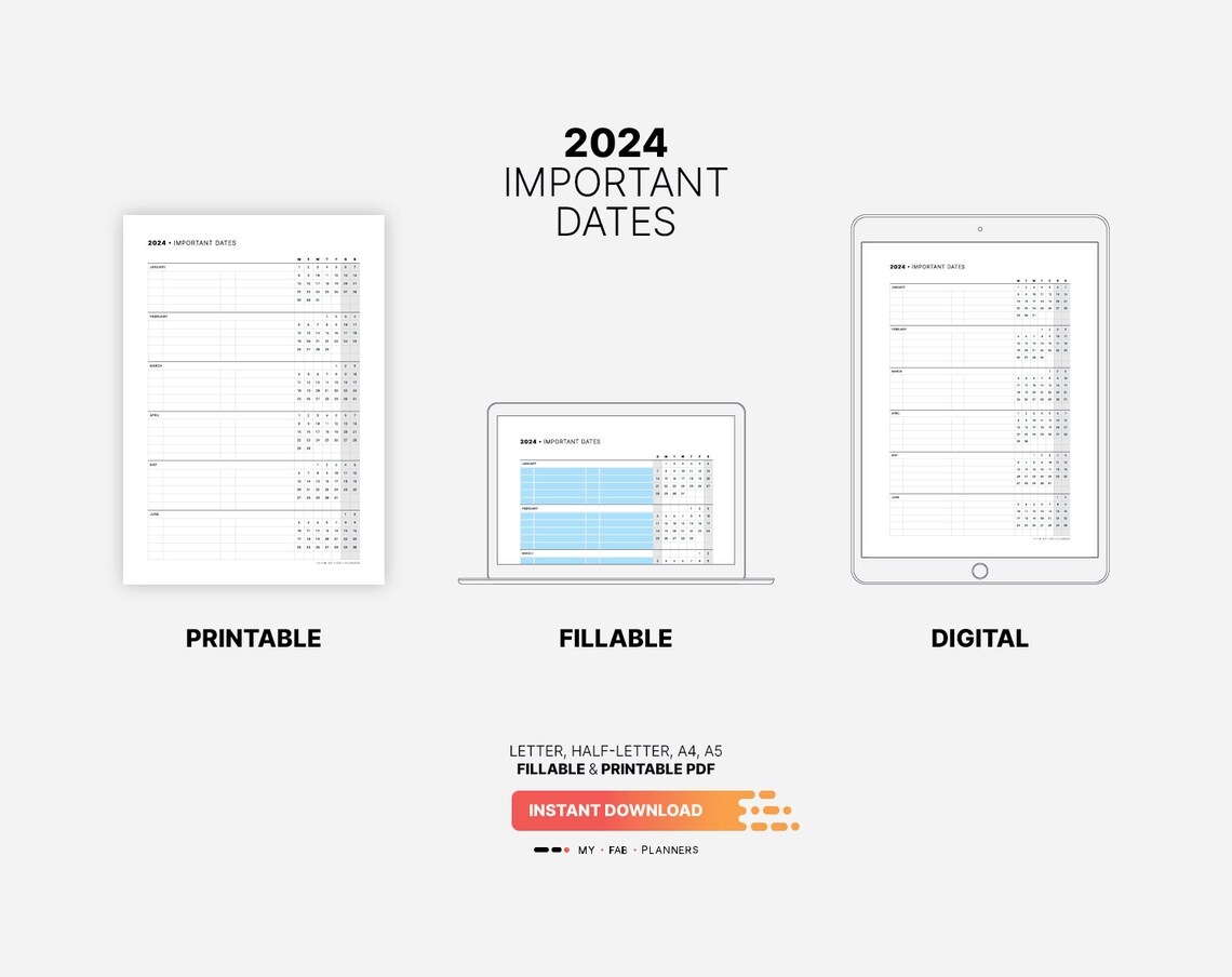 2024 Important Dates Calendar, Printable Birthday & Yearly Life Events