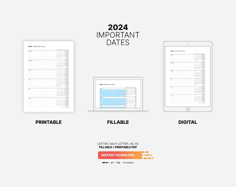 2024 Important Dates Calendar, Printable Birthday & Yearly Life Events