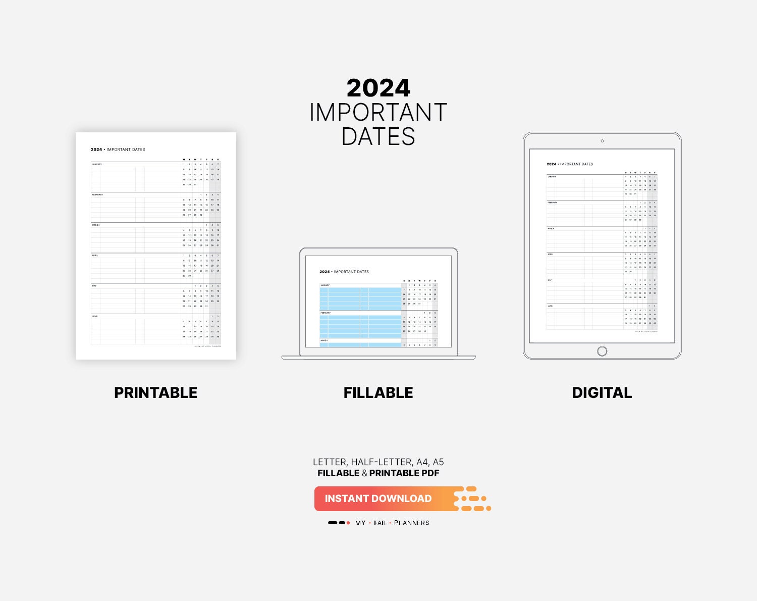 2024 Important Dates Calendar, Printable Birthday & Yearly Life Events