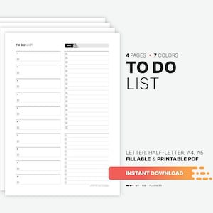 Może przedstawiać: Drukowany szablon listy rzeczy do zrobienia w formacie PDF. Szablon jest dostępny w 7 kolorach i zawiera 4 strony. Tekst na szablonie brzmi "TO DO LIST".