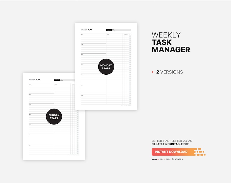 2 Versions: Sunday and Monday start for Weekly Task Manager Planner, Productivity To Do List Journal, Fillable Daily Work Checklist Tracker Template, Printable Haf-letter, Letter, A4, A5 PDF