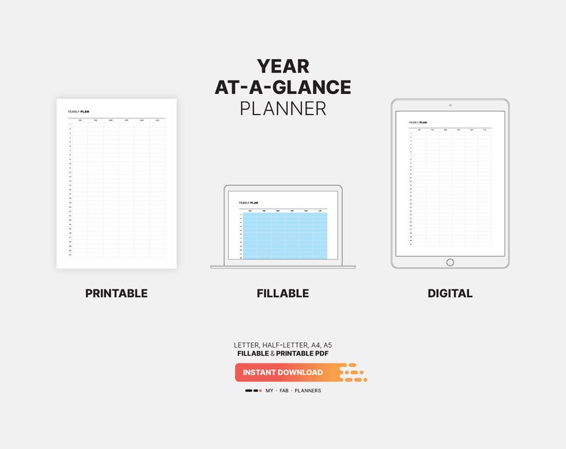 Printable, Fillable, Digital Download for Year At-a-glance Planner, Undated & Digital Yearly Overview Template, Fillable Day Boxes, Printable Letter, Half-letter, A4, A5 PDF
