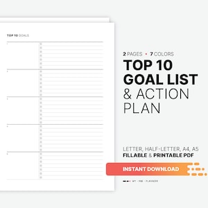 Lista de los 10 objetivos principales y plan de acción, hoja de trabajo imprimible para establecer objetivos para diario de mapeo, tablero, plantilla PDF rellenable de 8,5 x 11, 5,5 x 8,5, A4, A5