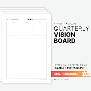 Kwartaalvisiebord met driemaandelijks plan, invulbaar doeldashboard, setting, kaartplannerlijst, afdrukbare brief, pdf-sjabloon van A4, A5