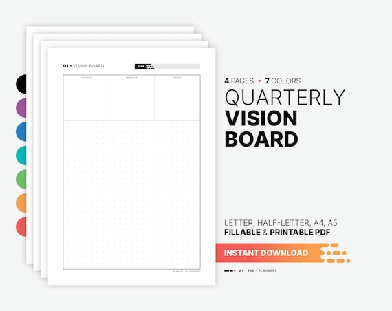 Quarterly Vision Board, Fillable Goal Planner (PDF Template)