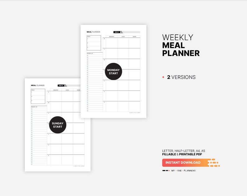 Weekly Meal Plan, Printable Family Grocery List, Fillable Healthy Daily Dinner, Food Shopping