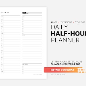 Halbstündiger Tagesplaner, Blockzeitplan, Jeden Tag ausfüllbare Aufgabenboxen, druckbarer Stundenplan der Aktion Seite 8,5x11, 5,5x8,5, A4, A5 PDF