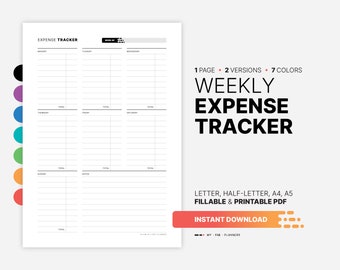 May include: A printable weekly expense tracker in black and white. The tracker has seven columns for each day of the week, with space for notes and totals. The text "1 PAGE 2 VERSIONS 7 COLORS WEEKLY EXPENSE TRACKER LETTER, HALF-LETTER, A4, A5 FILLABLE & PRINTABLE PDF INSTANT DOWNLOAD MY FAB PLANNERS" is at the bottom of the page.