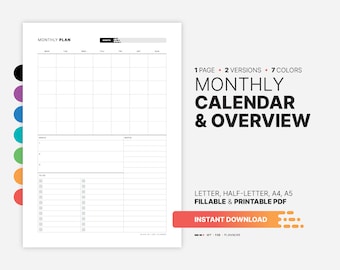 Undated Monthly Calendar, Goals, and Task Planner (Printable PDF)