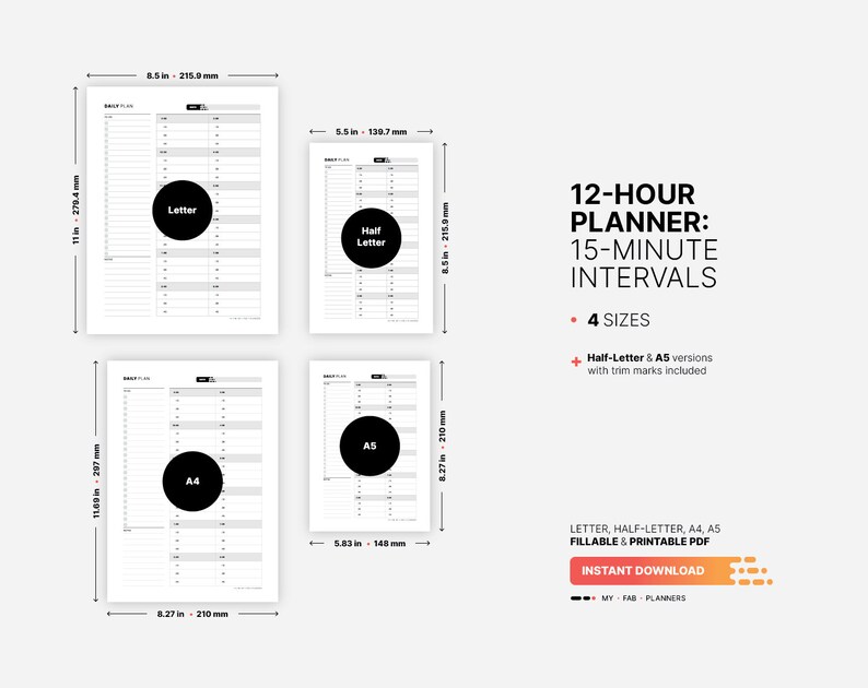 12-hour Planner, Printable 15-minute Work, Study Task Schedule ...
