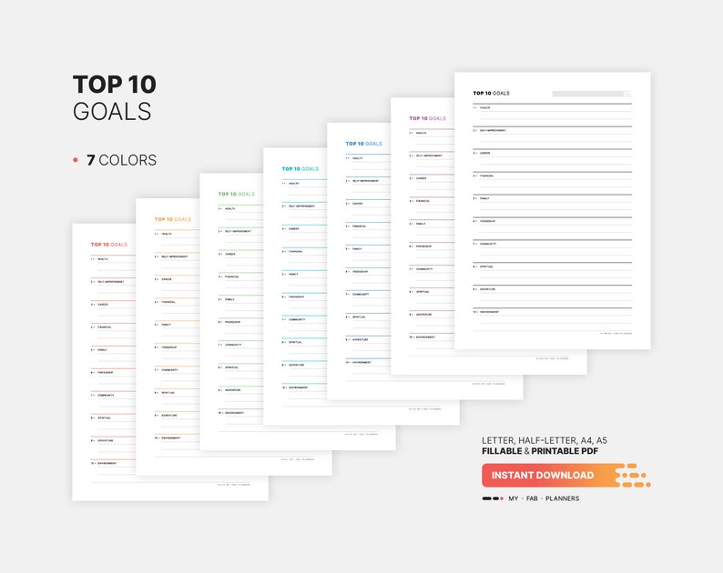 Top 10 Goals, Life Goal List Setting, Dashboard & Worksheet Planner