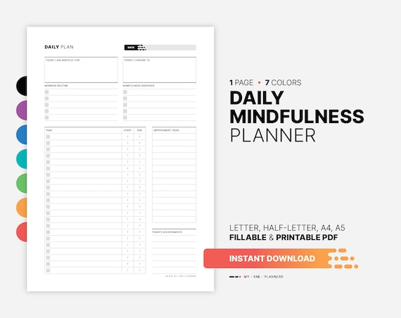 Daily Mindfulness Planner, Positive Mindset, Gratitude Journal (Printable PDF)