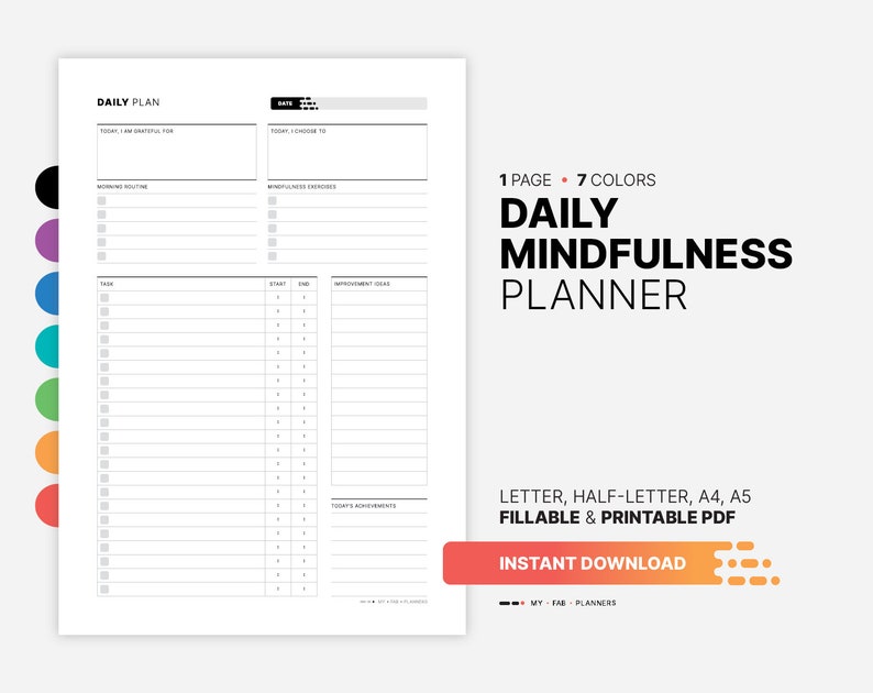 Daily Mindfulness Planner, Positive Thinking Mindset, Gratitude Journal, Morning Self Care Routine, Printable Activity Schedule Letter, Half-letter, A4, A5 PDF Template