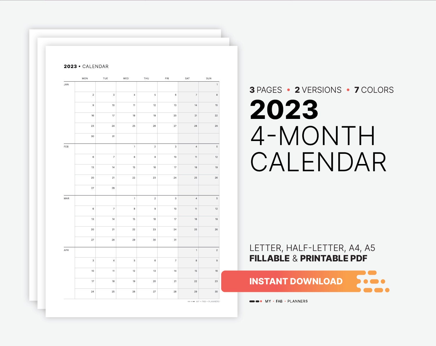 2023 Calendar 4 Months Per Page 2023 4-Month Calendar Fillable Planner Template Yearly & | Etsy