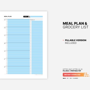 Fillable PDF Form Version Included for Weekly Meal Plan & Grocery List Planner, Fillable Meal Idea Tracker, Grocery Checklist, Printable Letter, Half-letter, A4, A5 PDF Template