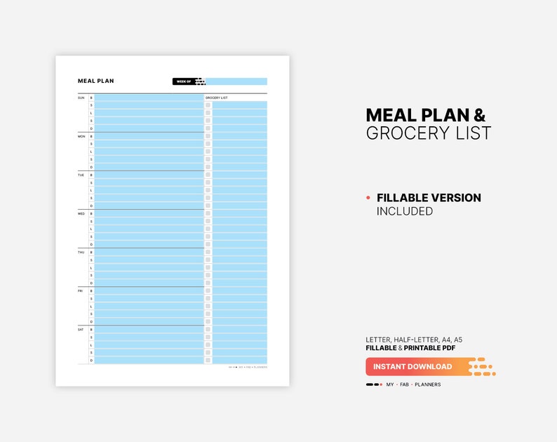 Fillable PDF Form Version Included for Weekly Meal Plan & Grocery List Planner, Fillable Meal Idea Tracker, Grocery Checklist, Printable Letter, Half-letter, A4, A5 PDF Template
