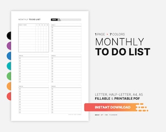 Monthly To-Do List, Printable Weekly Checklist (PDF Template)