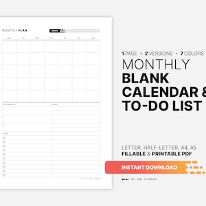 Calendario mensual en blanco y lista de tareas pendientes, planificador de un vistazo mensual sin fecha, plantilla de bloques de lista de tareas rellenables, carta imprimible, A4, A5 PDF